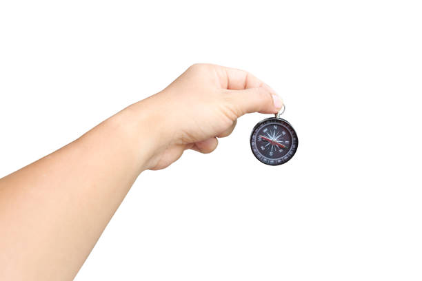 istock hand of a man holding a compass on white background. 686803026