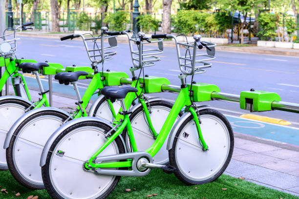 istock Loacked bicycle parking lot in public area. 686806636