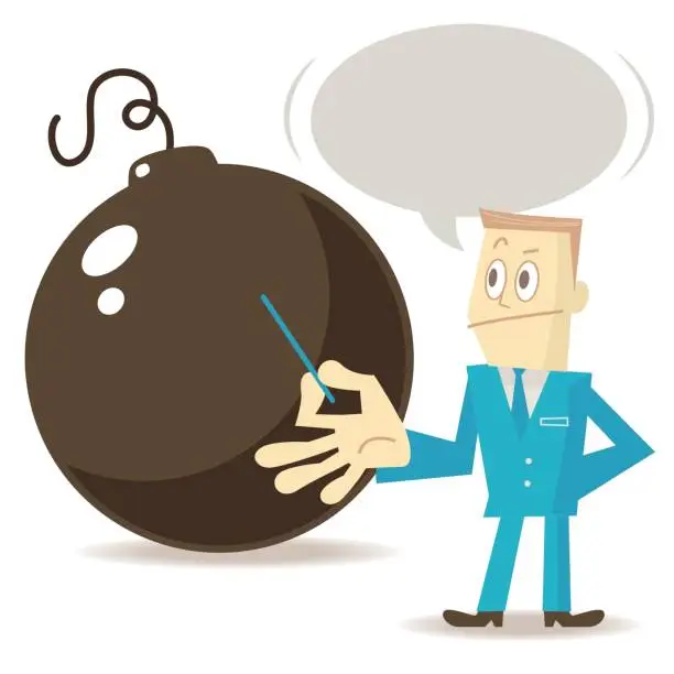 Vector illustration of Businessman (man) with a pointer stick giving a presentation in front of a big bomb