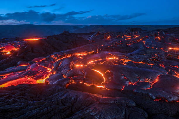Flowing lava in Hawaii stock photo