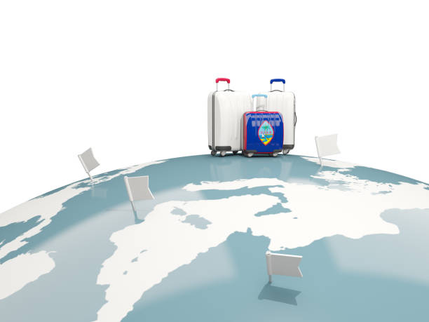 istock Luggage with flag of guam. Three bags on top of globe 686831008