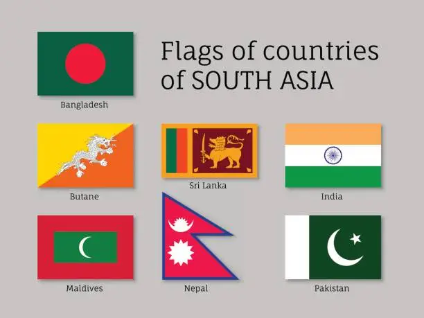 Vector illustration of Set of flags of south Asia