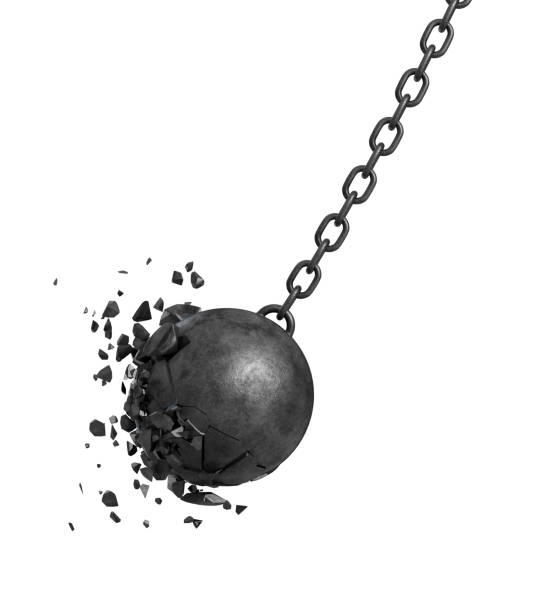 3d rendering of a black swinging wrecking ball crashing into a wall on white background stock photo
