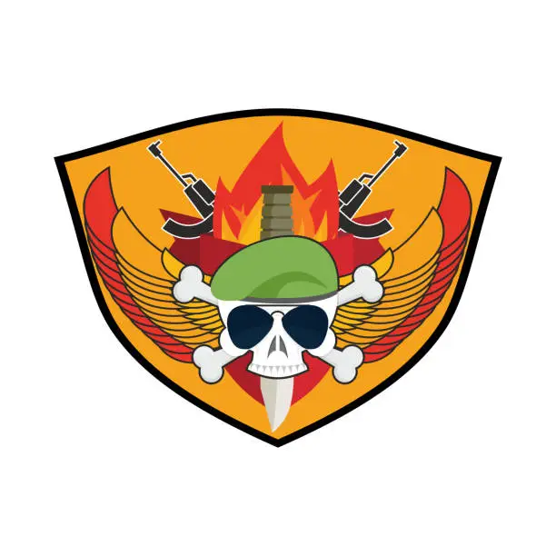 Vector illustration of Military emblem Skull in beret.  Wings and weapons. Army. Soldiers badge. Eagle and guns. Awesome sign for troops. blazon commando