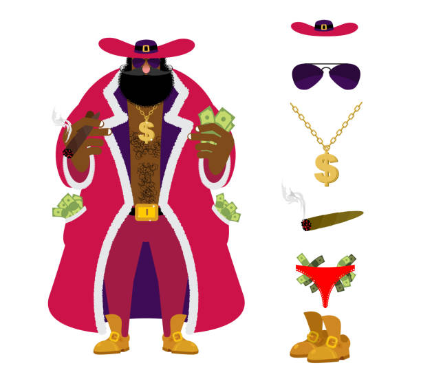 Pimp set. Pocket full of cash. Bright clothing and cigar. Gold dollar chain jewelry. Pimps Accessory sign. Panties strippers and lot of money. Sunglasses and cigar Pimp set. Pocket full of cash. Bright clothing and cigar. Gold dollar chain jewelry. Pimps Accessory sign. Panties strippers and lot of money. Sunglasses and cigar pimp stock illustrations