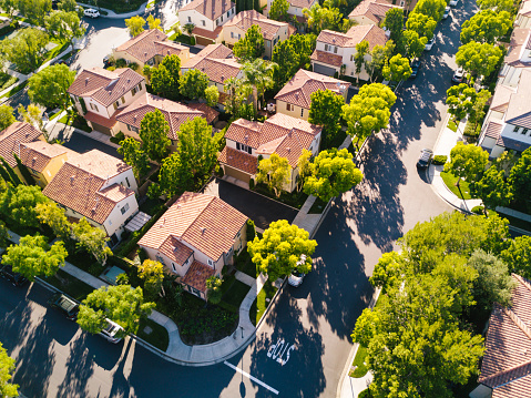 An aerial shot of a neighborhood.