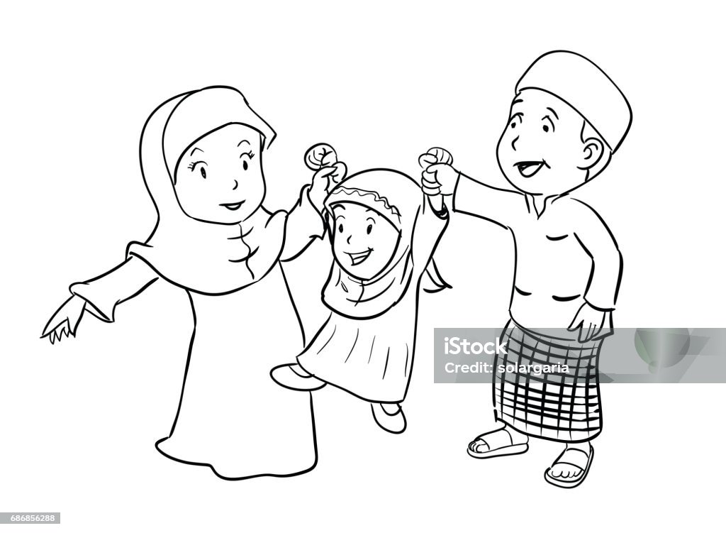 Coloring Happy Muslim Family - Vector Illustration Linear Illustration of Happy Islamic Family. Vector Cartoon character for coloring Adult stock vector