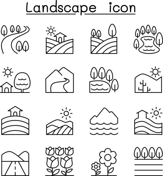 ilustraciones, imágenes clip art, dibujos animados e iconos de stock de icono de paisaje en estilo de línea fina - field tulip flower tree