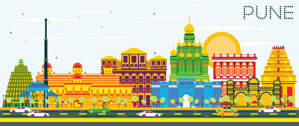 Pune Skyline with Color Buildings and Blue Sky. Pune Skyline with Color Buildings and Blue Sky. Vector Illustration. Business Travel and Tourism Concept with Historic Buildings. Image for Presentation Banner Placard and Web Site. pune-landmark stock illustrations