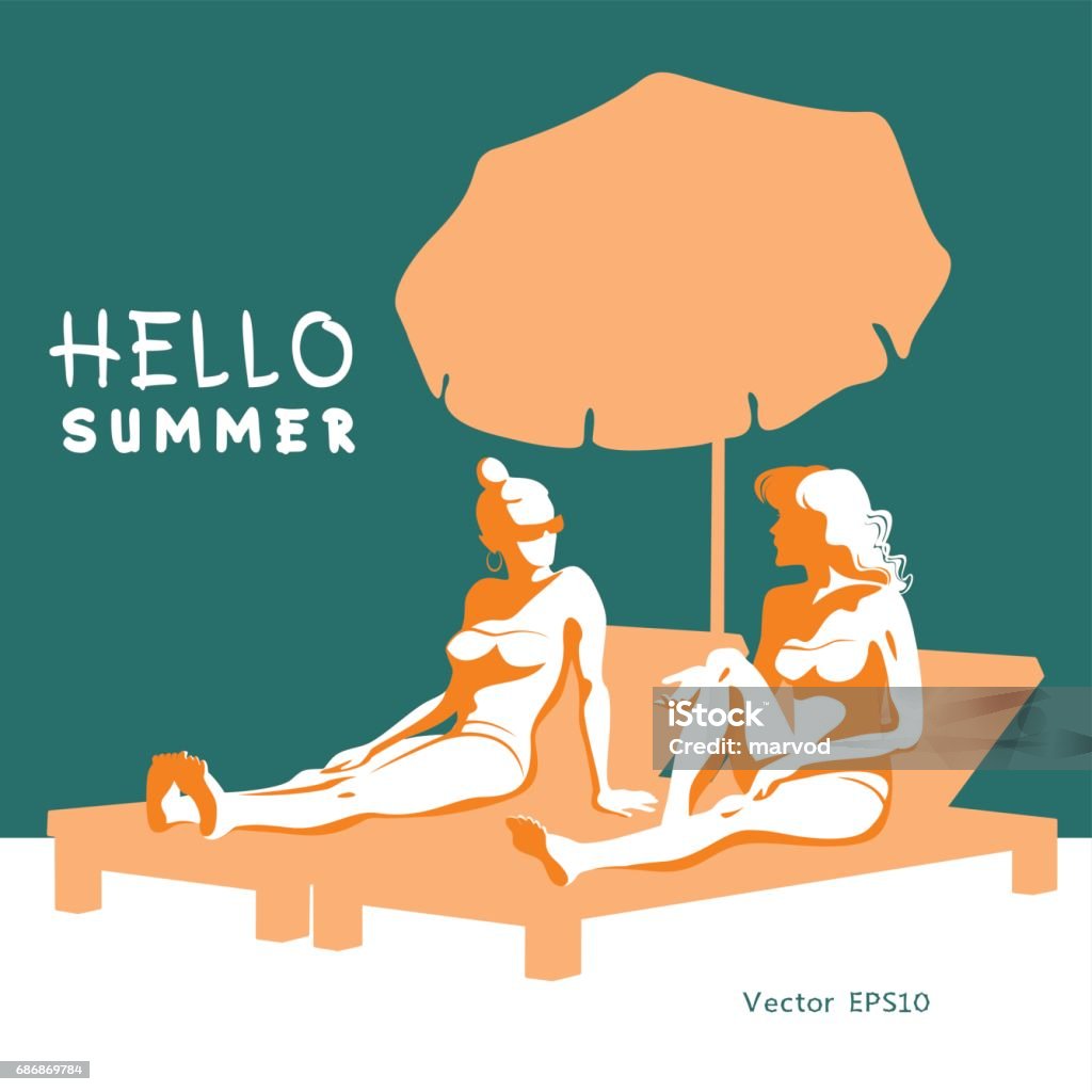 Two beautiful young women in bikini relax sitting and talking on a lounger with a beach umbrella. Vector graphic illustration. Adult stock vector