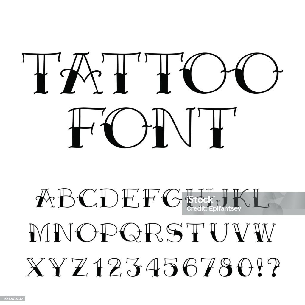 Tattoo-Schriftart. Vintage-Stil-Alphabet. Buchstaben und zahlen. - Lizenzfrei Tätowierung Vektorgrafik