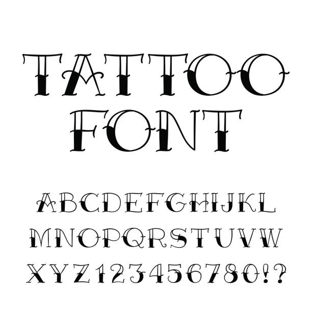 문신 글꼴입니다. 빈티지 스타일 알파벳입니다. 문자 및 숫자 - tattoo stock illustrations