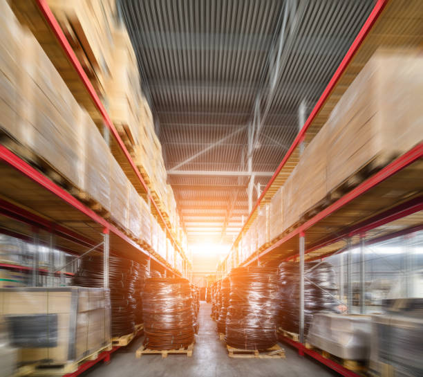 istock Long shelves with a variety of boxes and containers 686873340