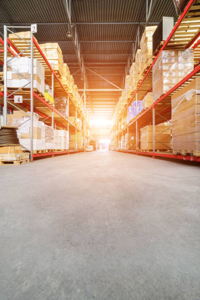 istock Long shelves with a variety of boxes and containers 686873658