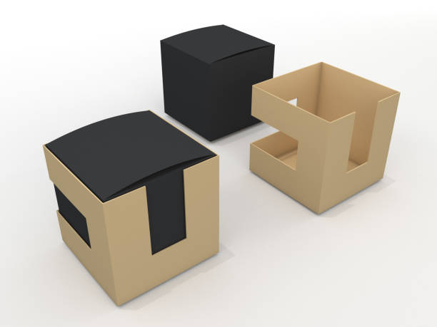 istock 3D illustration, 3D rendering mock up matte black and brown new packaging design in isolated background. 686873732