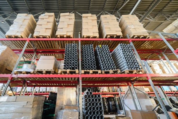 istock Long shelves with a variety of boxes and containers 686873814
