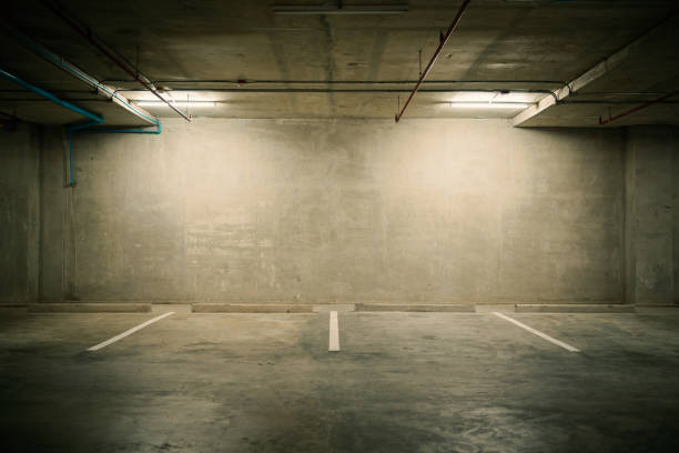 istock Parking garage department store interior with blank billboard 686876202