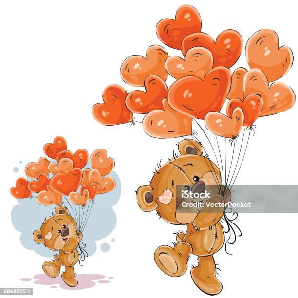 Vector Illustration Of A Brown Teddy Bear Holding In Its Paw A Red Balloons In The Shape Of A Heart Stock Illustration - Download Image Now