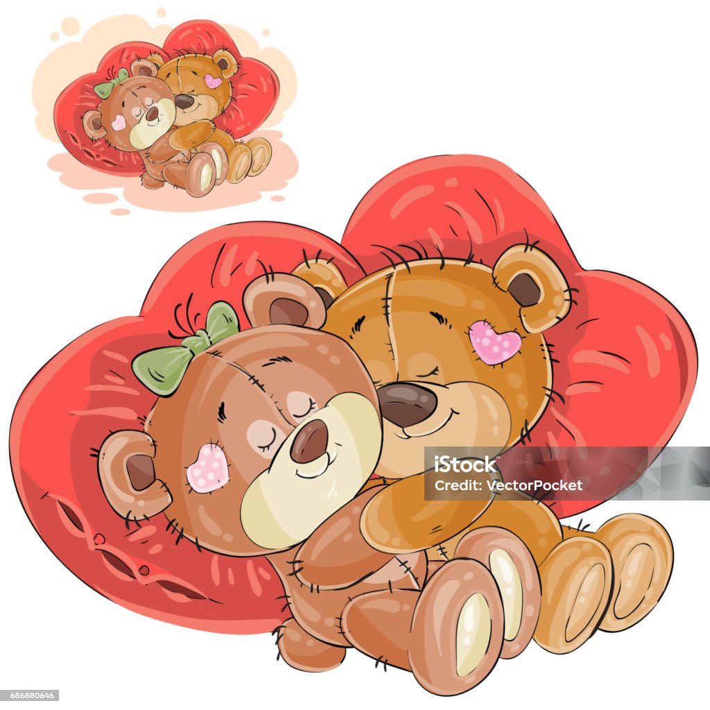 Vector Illustration Of A Couple Of Brown Teddy Bears Lying Embracing On Red  Heart Shaped Pillows Stock Illustration - Download Image Now - iStock