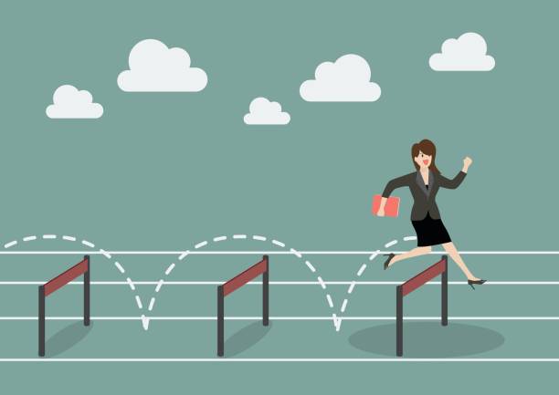 бизнес-женщина прыгает через препятствие - running sport hurdle cartoon stock illustrations