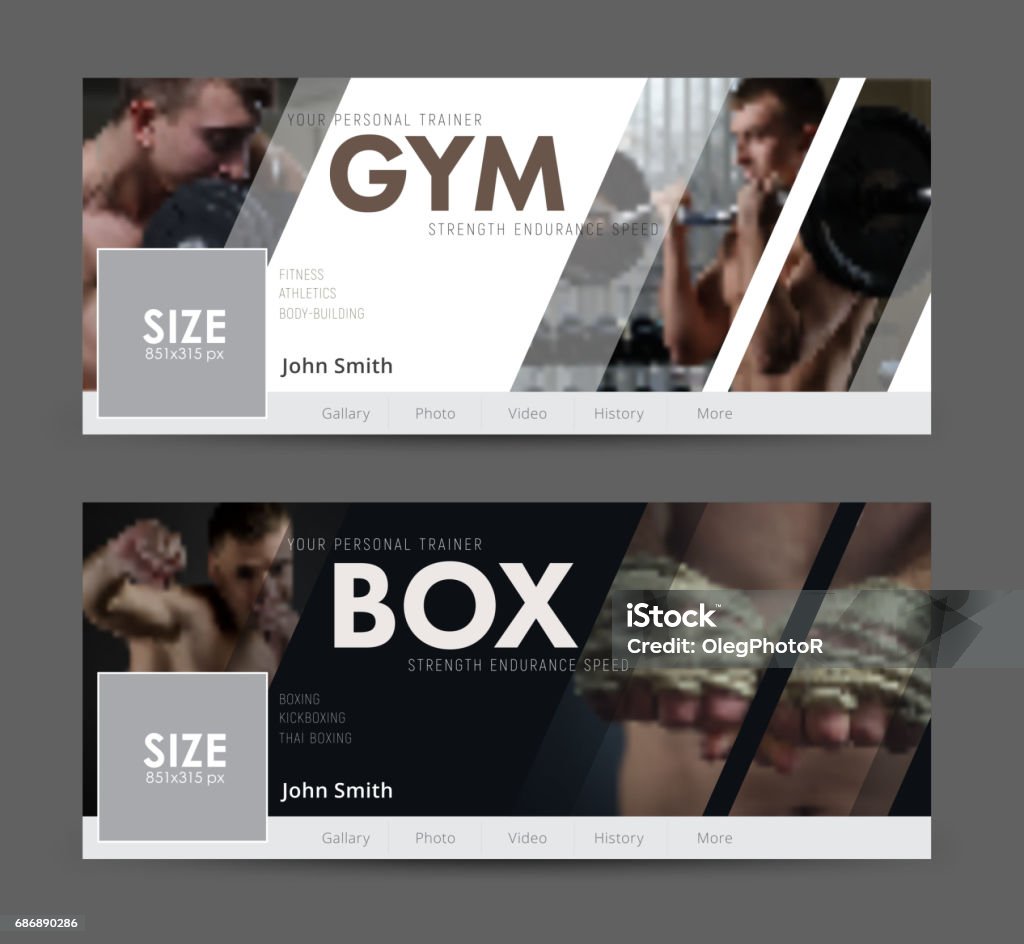 Universal Advertising template  banner for social networks with diagonal elements for the image of the gym, sports White and black cover design for social networks. Universal Advertising template banner  with diagonal elements for the image of the gym, sports. Blurred photo for sample Social Media stock vector