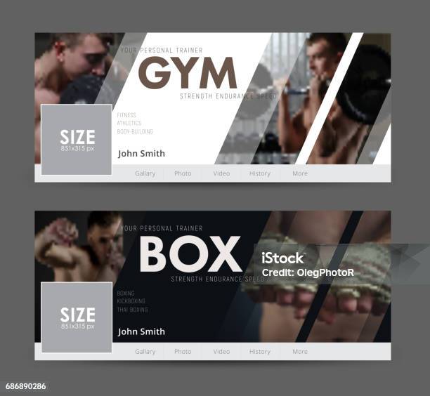 Universal Advertising Template Banner For Social Networks With Diagonal Elements For The Image Of The Gym Sports Stock Illustration - Download Image Now