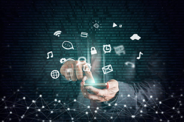 istock Double exposure of business man with digital technology graphic. Mixed Media Business and technology background. 686900708
