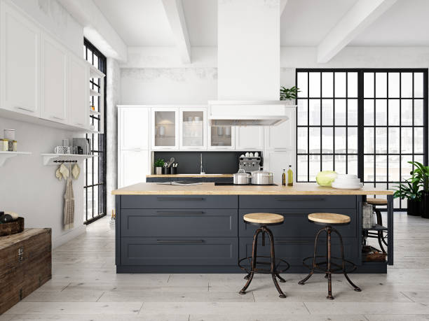 istock modern nordic kitchen in loft apartment. 3D rendering 686901276