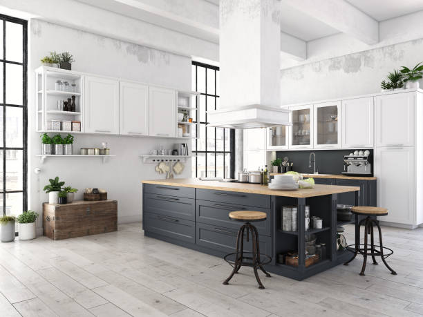 istock modern nordic kitchen in loft apartment. 3D rendering 686901326