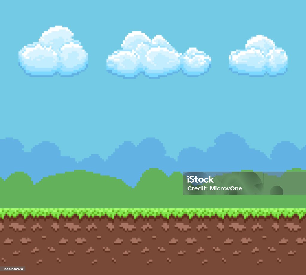 Pixel 8 bit vector jeu fond avec la terre et le ciel nuageux panorama - clipart vectoriel de Pixellisation libre de droits