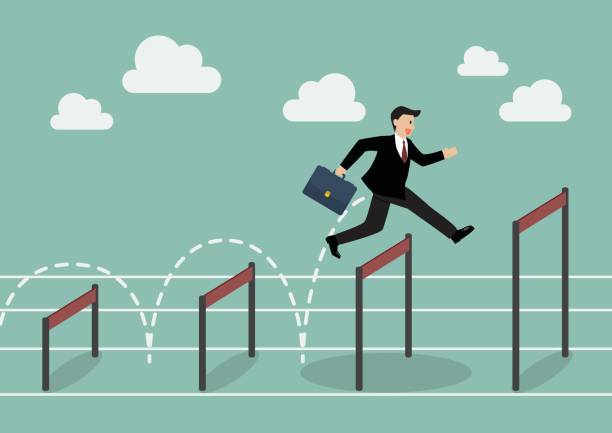 бизнесмен прыгает выше через препятствие - hurdle business businessman sport stock illustrations