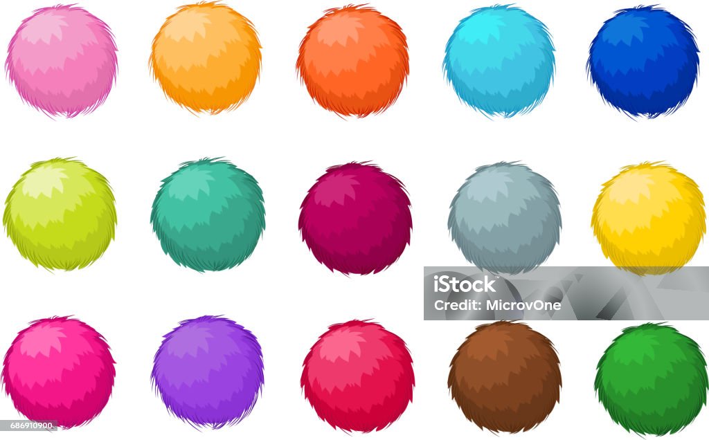 Coloridos pompones esponjosos piel bolas vector aislado conjunto - arte vectorial de Pompón libre de derechos