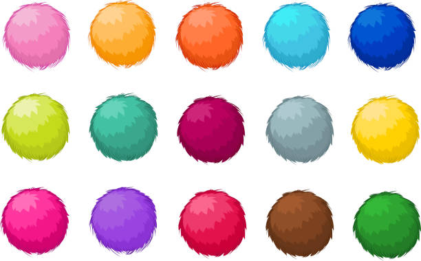 illustrations, cliparts, dessins animés et icônes de coloré moelleux pompon fourrure boules vecteur isolé jeu - texture duveteuse