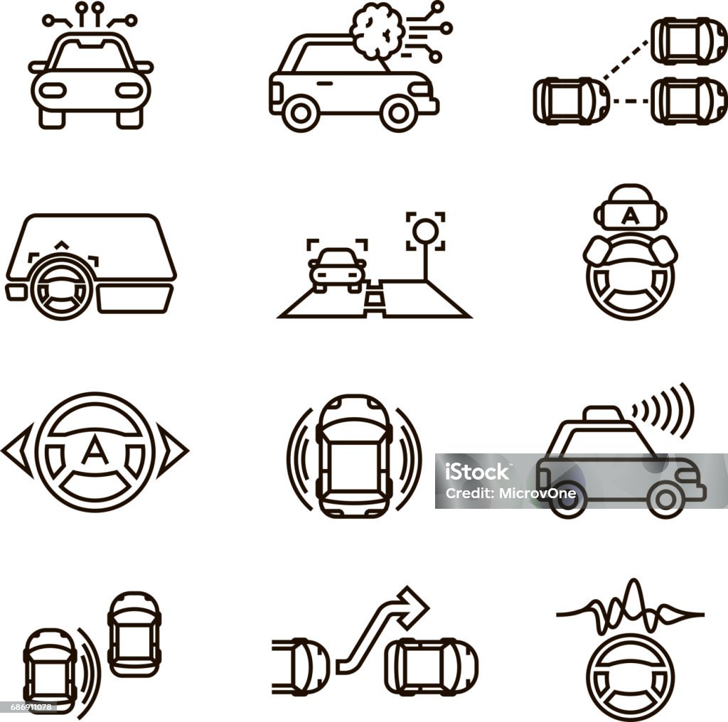 Smart car and hands free driving automatic system vector line icons Smart car and hands free driving automatic system vector line icons. Automatic car system, illustration of smart automobile Icon Symbol stock vector