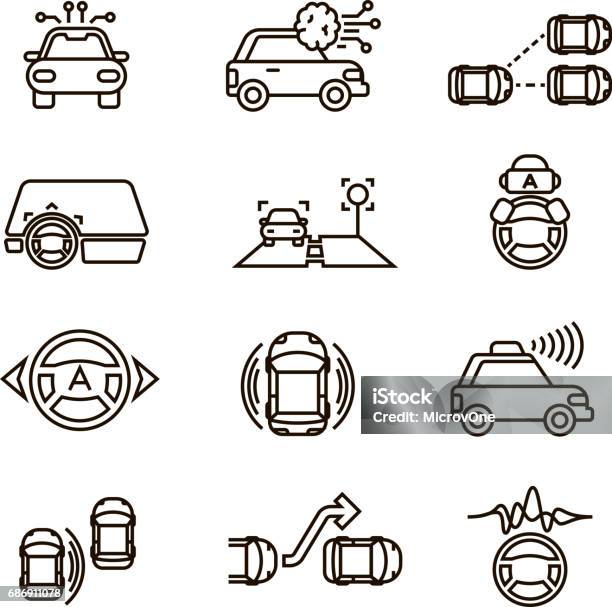 Smart Car And Hands Free Driving Automatic System Vector Line Icons Stock Illustration - Download Image Now