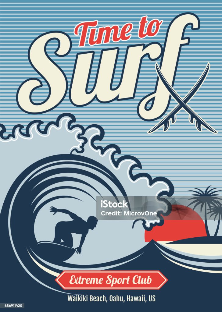 Surfing vector hawaii t-shirt vector vintage design Surfing vector hawaii t-shirt vector vintage design. Typography surfing t-shirt, illustration of graphic surfer on wave ocean Surfing stock vector