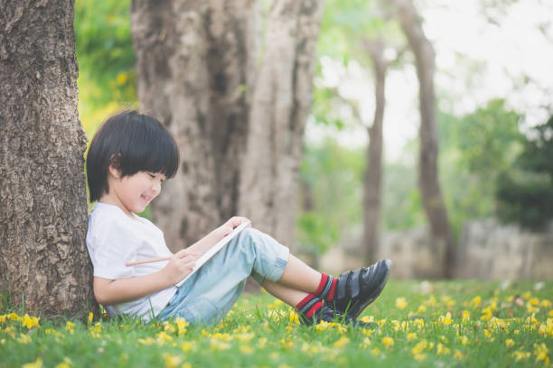 istock Little Asian boy sitting under the tree and drawing in notebook at park 686911784