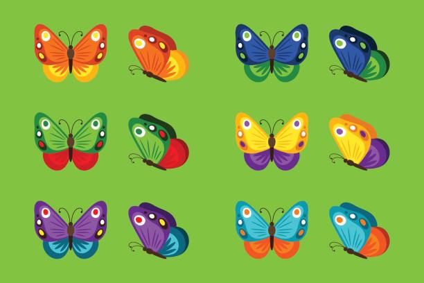 Colorful butterflies icons Colorful butterflies icons on bright geen background. Vector illustration butterfly purple blue isolated stock illustrations