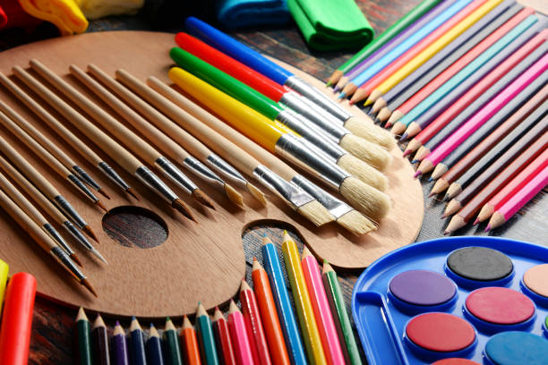 istock Composition with school accessories for painting and drawing 686912478