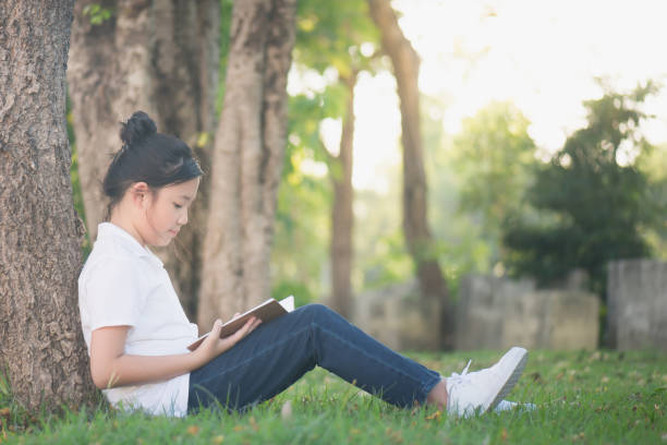 istock Asian Girl reading a book under the tree 686916914