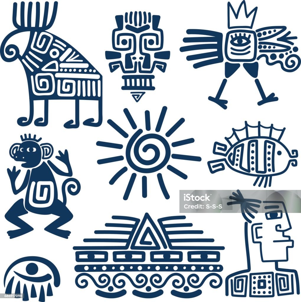 Maya or inca blue totem icons Maya or inca style blue linear totem icons. Aztec ancient symbols isolated on white background. Inca stock vector