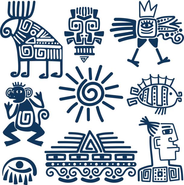 Maya or inca blue totem icons Maya or inca style blue linear totem icons. Aztec ancient symbols isolated on white background. inca stock illustrations