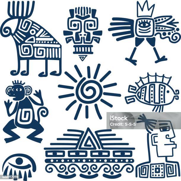 Maya Or Inca Blue Totem Icons Stock Illustration - Download Image Now - Inca, Mayan, Art