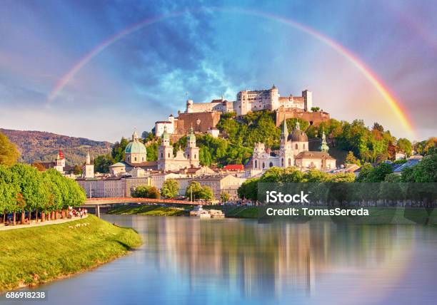 Austria Rainbow Over Salzburg Castle Stock Photo - Download Image Now - Salzburg, Rainbow, Austria