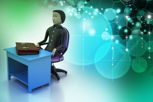 istock 3d business man with briefcase in office 686918688