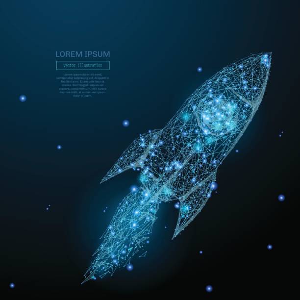rocket low poly blue Abstract image of rocket of a starry sky or space, consisting of points, lines, and shapes in the form of planets, stars and the universe. Vector business rocketship patterns stock illustrations