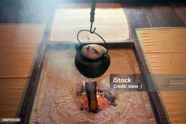 Japanese House Room With Hearth Side Stock Photo - Download Image Now - Cooking Utensil, Cultures, Dinner
