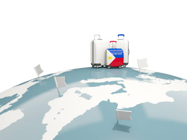 istock Luggage with flag of philippines. Three bags on top of globe 686924634