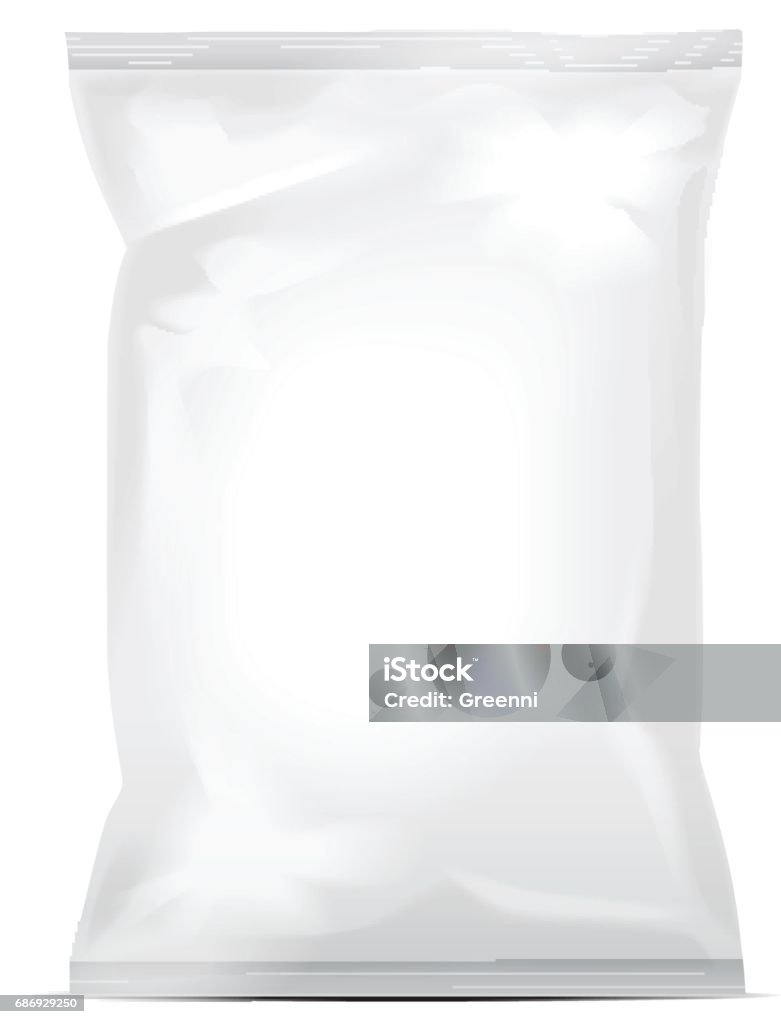White blank foil bag packaging for food, snack, coffee, cocoa, sweets, crackers, nuts, chips. Realistic plastic pack mock up White blank foil bag packaging for food, snack, coffee, cocoa, sweets, crackers, nuts, chips. Realistic plastic pack mock up for your design Potato Chip stock vector