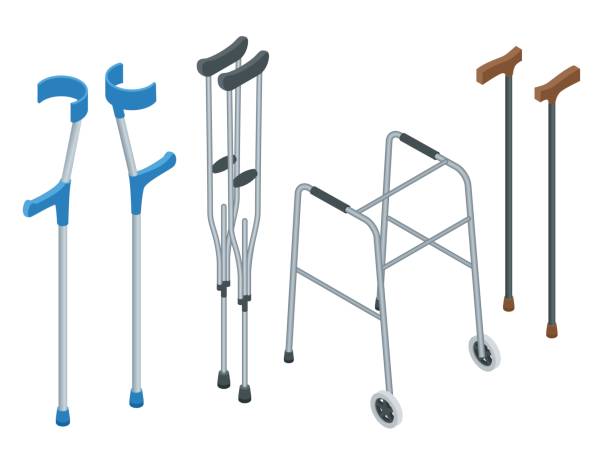 istock Isometric set of mobility aids including a wheelchair, walker, crutches, quad cane, and forearm crutches. Vector illustration. Health care concept. 686931838